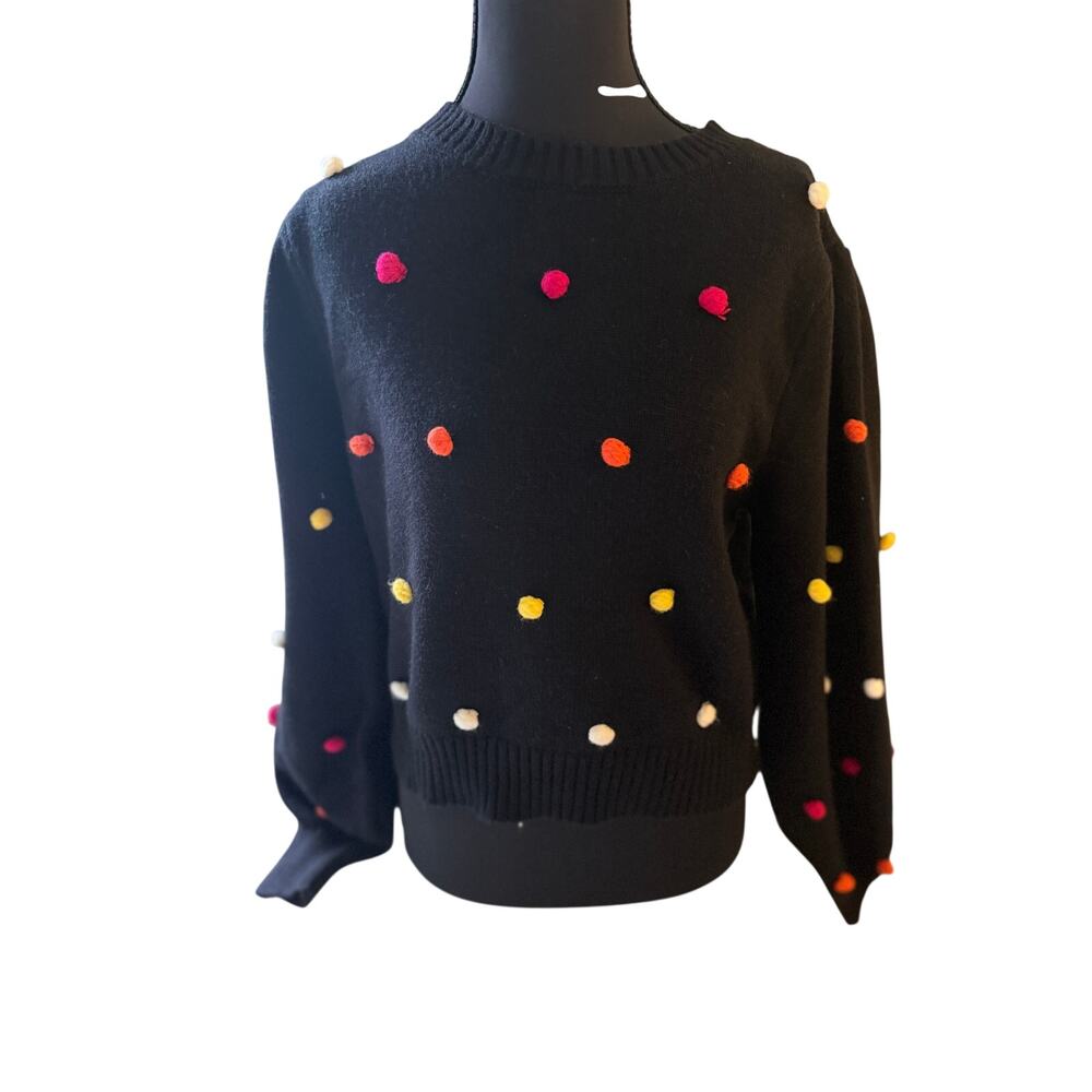 KLD USA Black Pom Pom Sweater M/L Colorful Dots Shoulder Buttons Cropped
